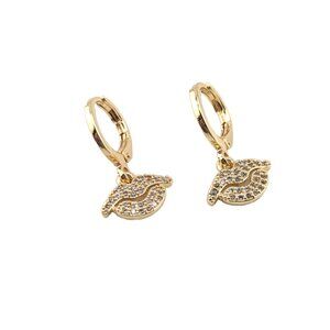 Women's 14k Gold Plated Mini Kiss Lips  Dangle Earrings Cubic Zirconia Stones***